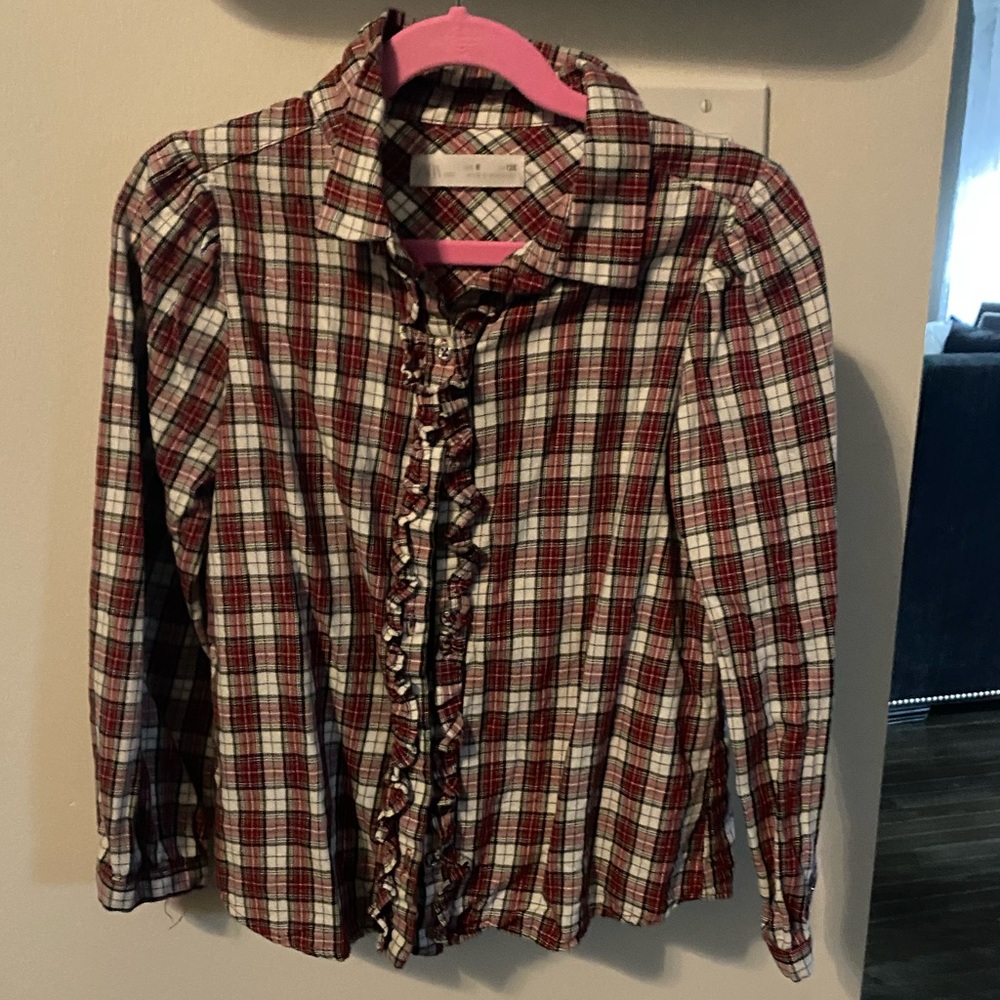 Girls, plaid blouse.